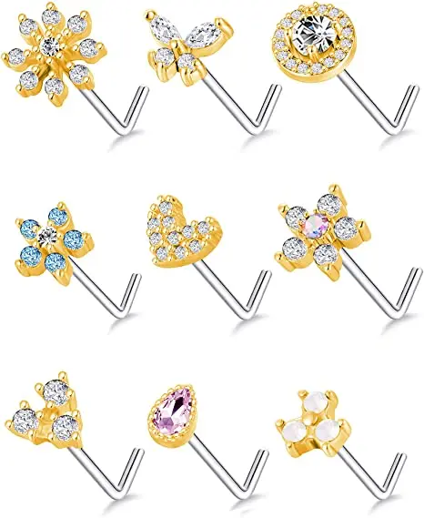 

New Stainless Steel Gold Plated Nose Rings Stud Hypoallergenic CZ Snowflake Butterfly L Shaped Nose Stud Body Piercing Jewelry