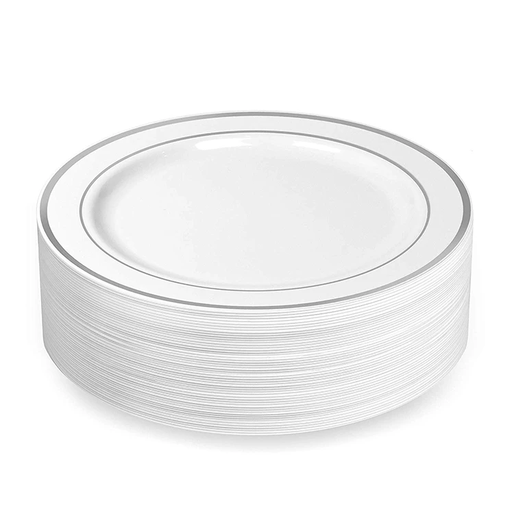 

Disposable wedding plastic white dinner lunch plastic plates gold trim