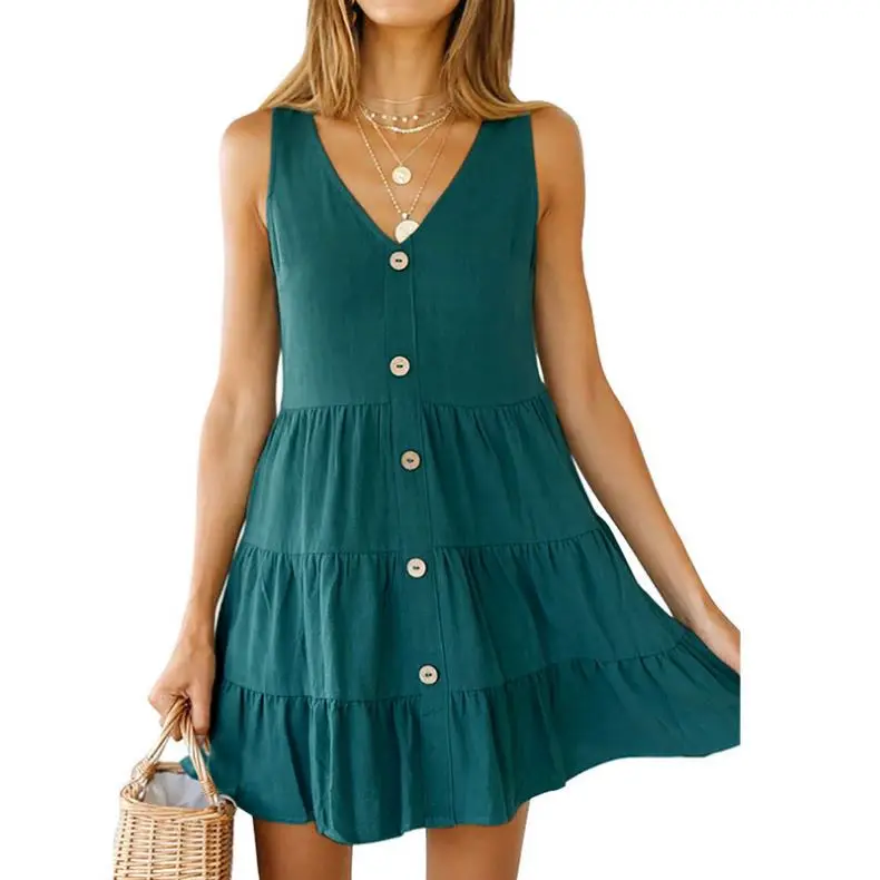 

Women Cotton Linen Loose V-neck Solid Color Sleeveless Button Cake A-line Zipper Casual Dress Short Dress