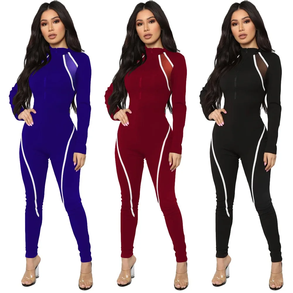 

2021 new arrivals women fall fashion long sleeve tights sexy v neck jumpsuits for fitness running wear, 3 color as picture