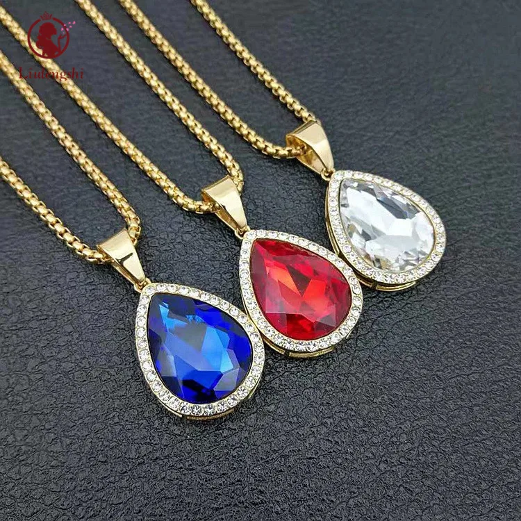 

2021 New Trendy Hip Hops Jewelry Colored Waterdrop Gem Pendant Necklace Stainless Steel Colorful Teardrop Zircon Necklace