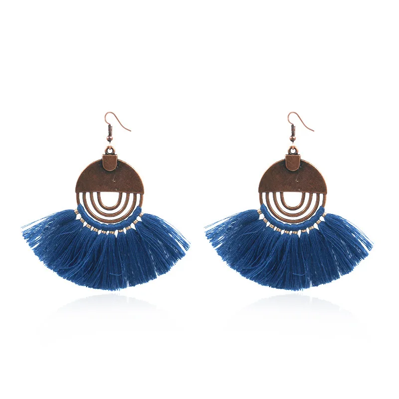 Antique Vintage Bohemian Fan Shaped Tassel Earrings Fringe Handmade Dangle Earring for Women Lady Female