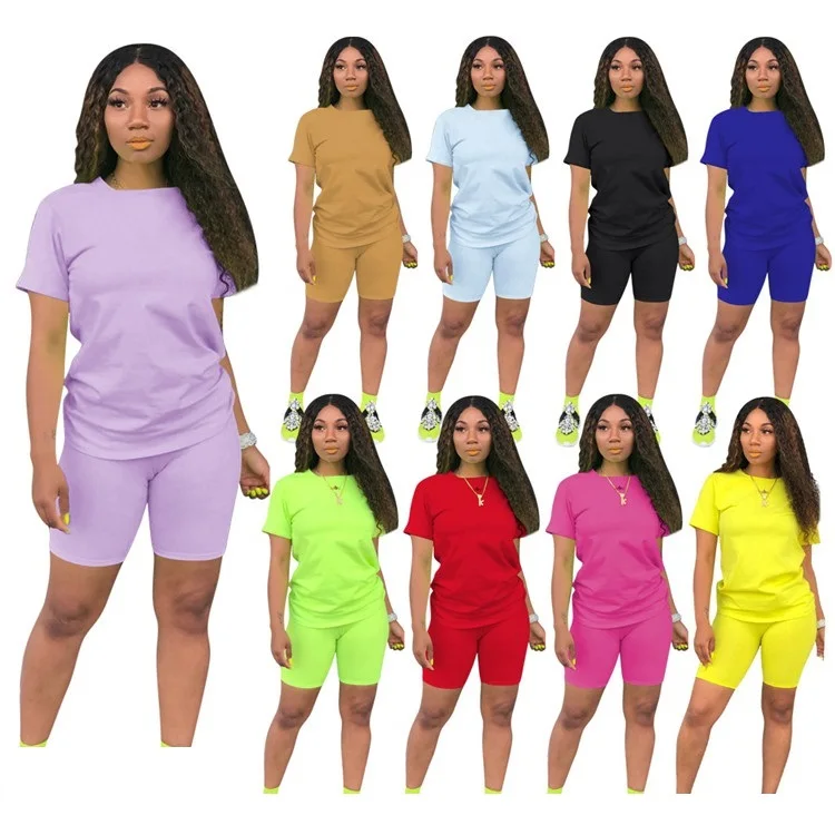 

New Arrivals Ladies Jogger Sets Suit Solid Color Short Sleeve Tops Shorts Two Piece Set Casual Women Clothing 2 Piece Set Women
