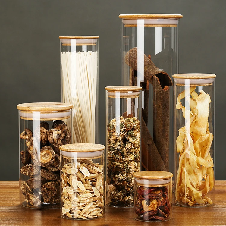 

High borosilicate glass sealed food cereal storage containers cans glass jar with bamboo lid, As picture/customized