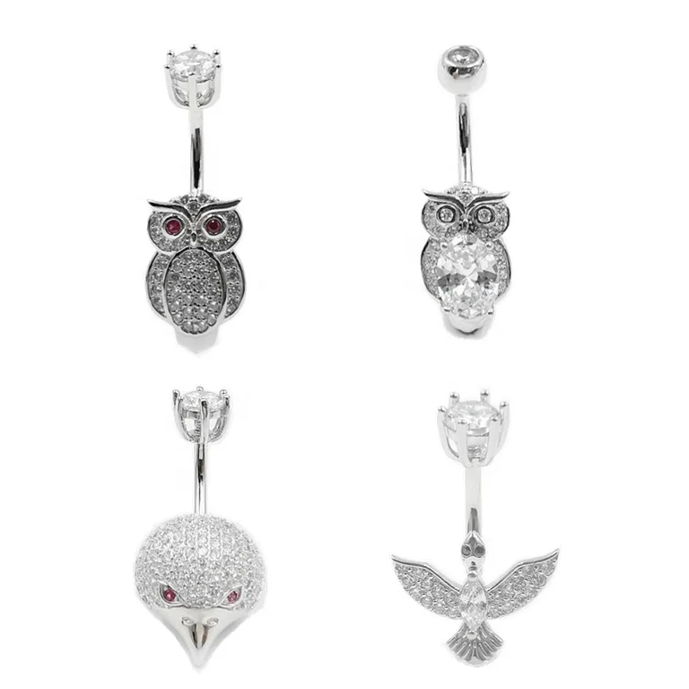 

NEW Fashion Platinum Plated S925 Sterling Silver Owl Belly Ring Animal Navel Ring CZ Bird Shaped Curved Barbell Piercing Jewelry