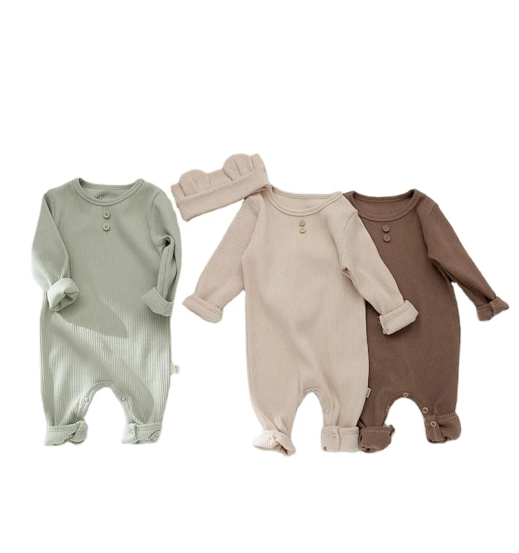 

Solid color infants cotton clothes suits baby boy's and girls' elastic clothing sets toddlers long rompers and headband, As picture