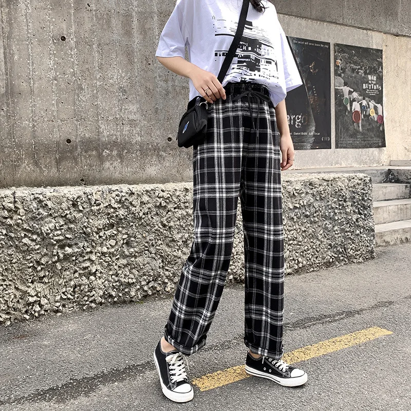 

Korean Style Wide Leg Pants Women Thin Summer Plaid Pants Plus Size Women Trousers Oversized Checkered Pants High Waist, Black,yellow