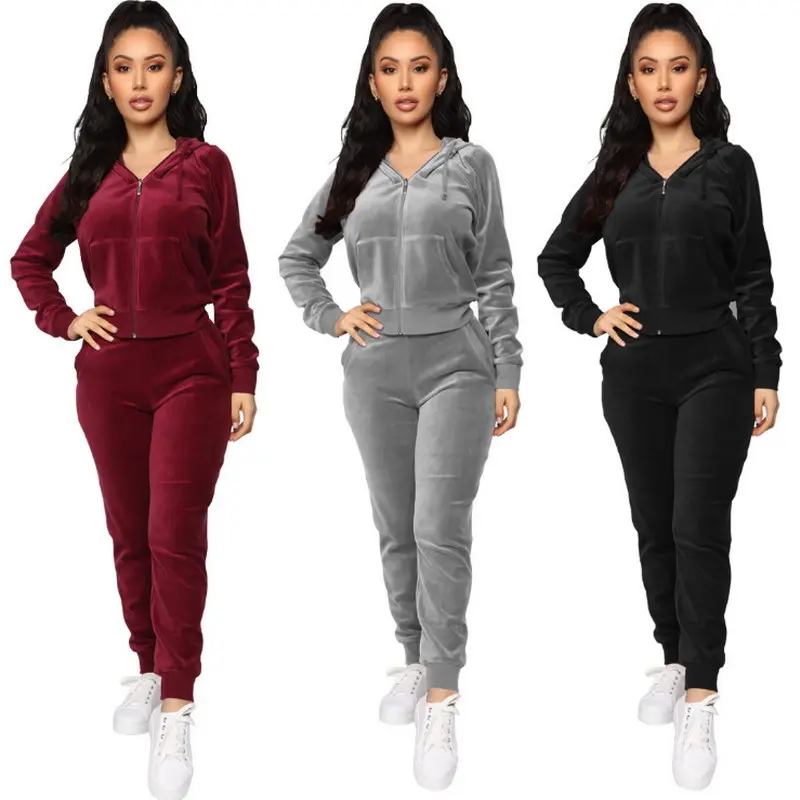 

OEM Fashion Winter Velvet Hooded Sweatshirt Elastic Waist Two Piece Long Pants Zipper Woman Casual Plus Size Apparel, As picture