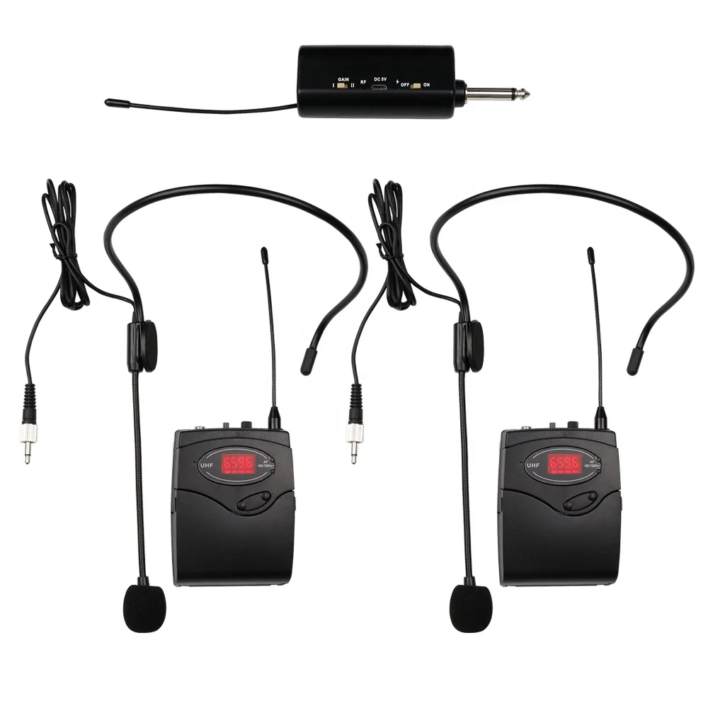 

Wireless Microphone System UHF Dual Channel Wireless Microphone Set with 2 Headsets & 1 Lapel Lavalier Microphone
