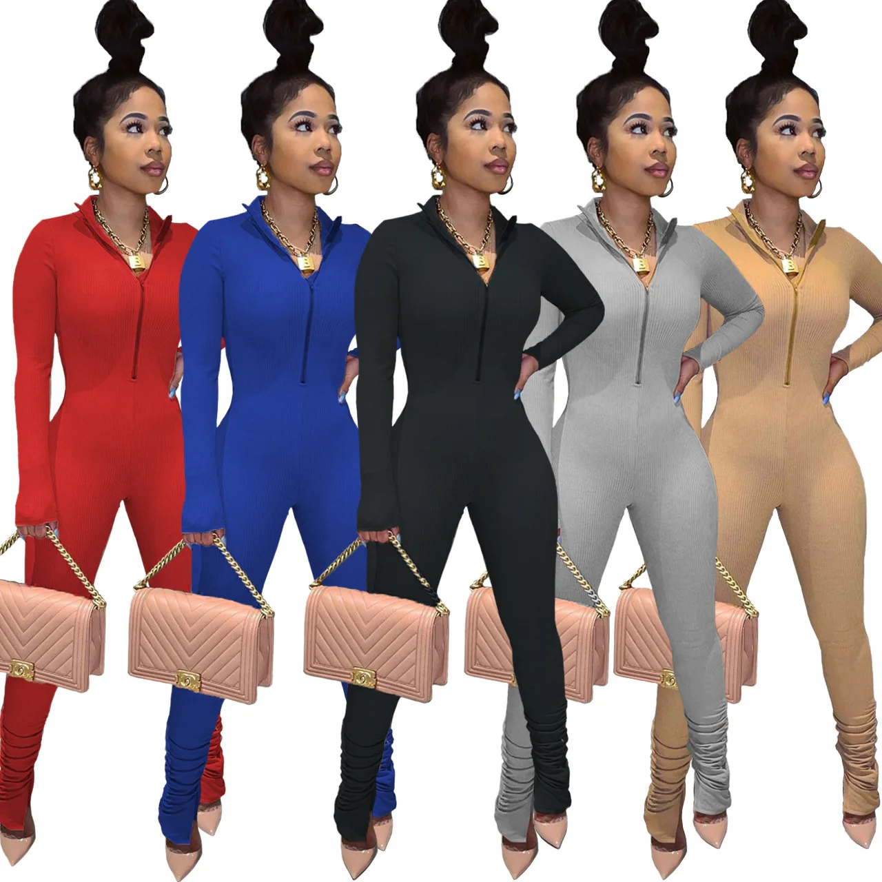 

Solid Front Zipper V-neck Long Sleeve Jumpsuit Women Bodycon Stacked Pants Suit Knit Elastic One Piece Jumpsuit For Women