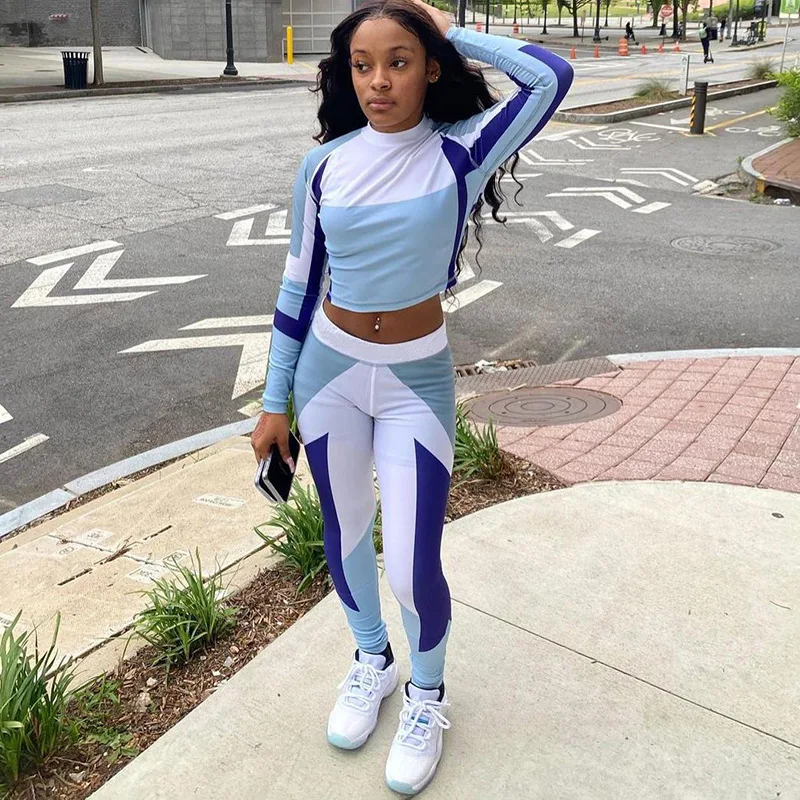 

Fashion Print Hit Color Long Sleeve Trend Sports Breathable Fitness Slim Women Set