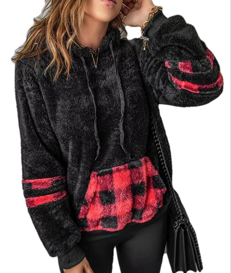

Free Shipping Fashion Stylish Casual Plush Plaid Pocket Women Fleece Hooded Sherpa Pullover