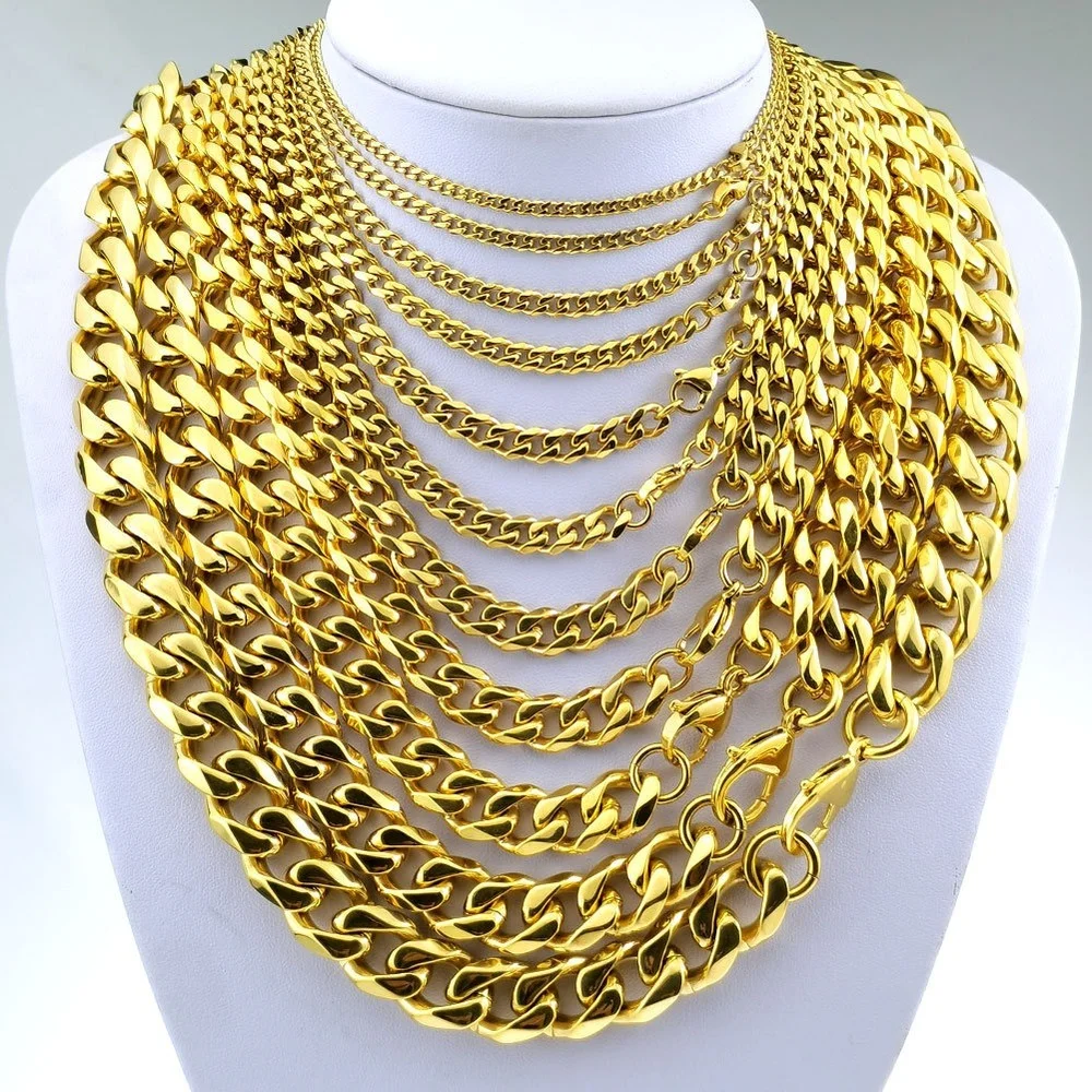 

3~16mm 18k gold jewelry Hip Hop Stainless Steel Cuban Link Necklace Miami Link Chain for Men