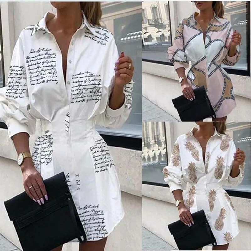 

CUHAKCI Pineapple Letter Autumn Dresses For Women Clothes Long Sleeve Turn Down Collar Button Shirt Dress Woman Print Mini Dress, 6 color