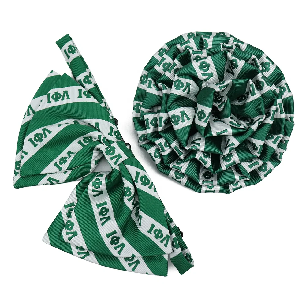 

Hot Selling Green White Striped Polyester Jacquard Corsage Brooch Iota Phi Lambda Sorority Women Bow Tie Set