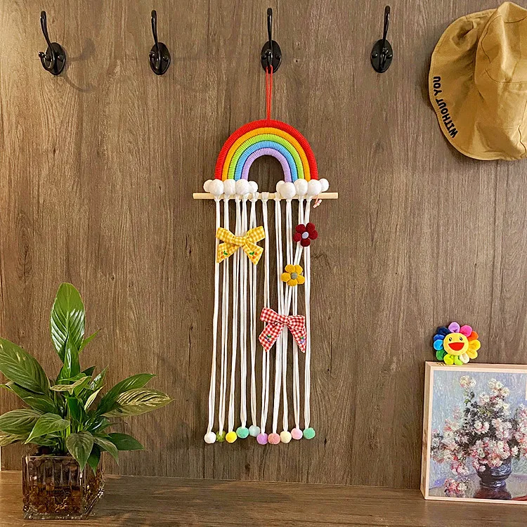 

Handmade Hair Clips Bow Holder For Girls Jewelry Macrame Color Woven Wall Hanging Tapestry Baby Room Decor Hanging
