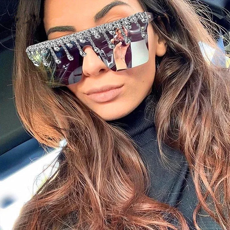 

Oversized Square Fringe Rhinestone Flat Top Sunglasses White Crystal Drip Shades Feast Eyewear Sunglasses