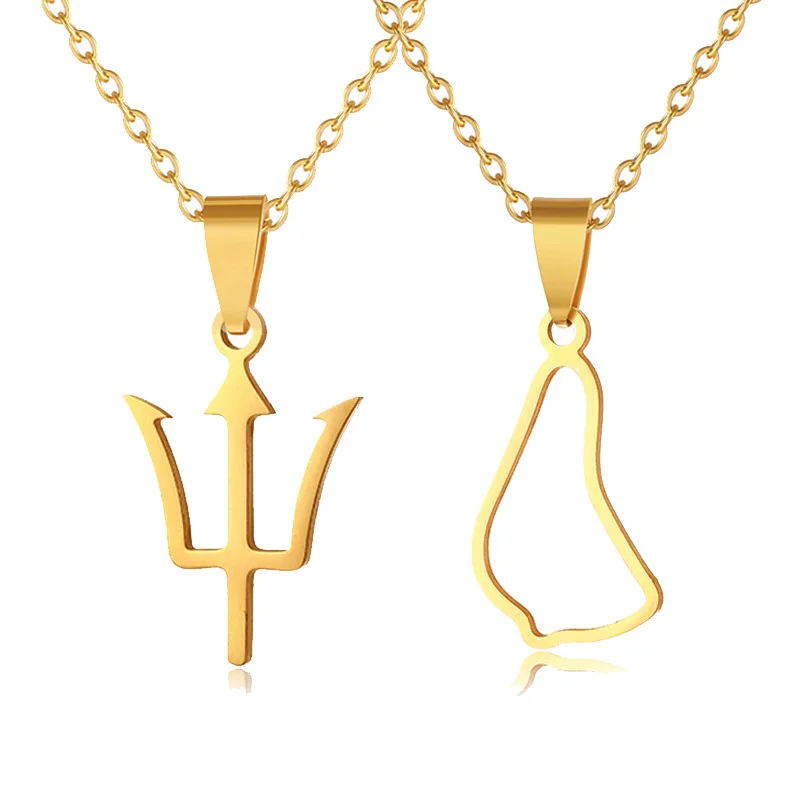 

Newest Arrival Real Gold Plated Stainless Steel Countries Map Flag Pendant Necklace Barbados Flag Hollow Map Pendant Necklace, Picture color