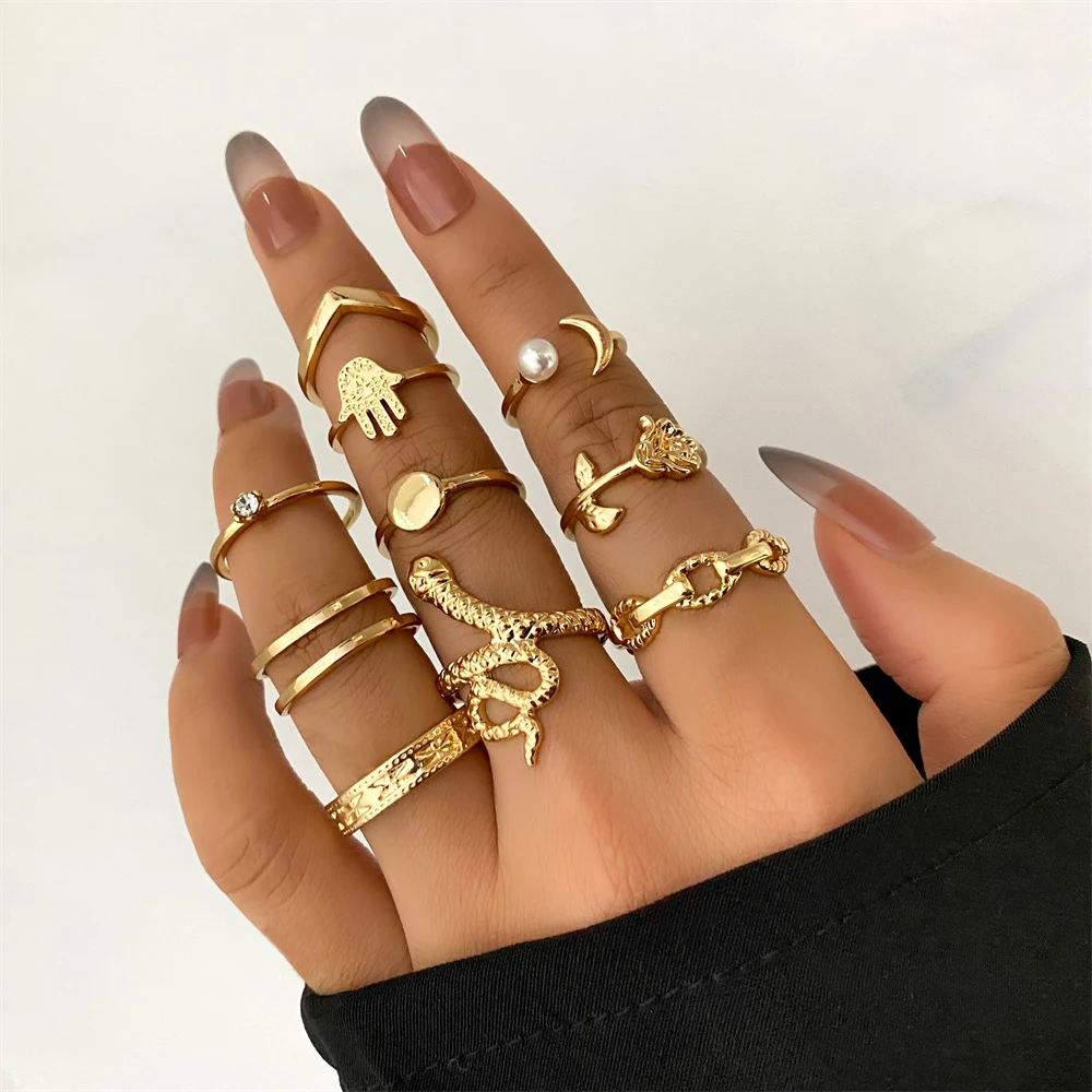 

VKME Fashion Bohemia Gold Color Rings Sets for Women Hollow Flowers Snake Geometric Shiny Crystal minimalist jewelry Party