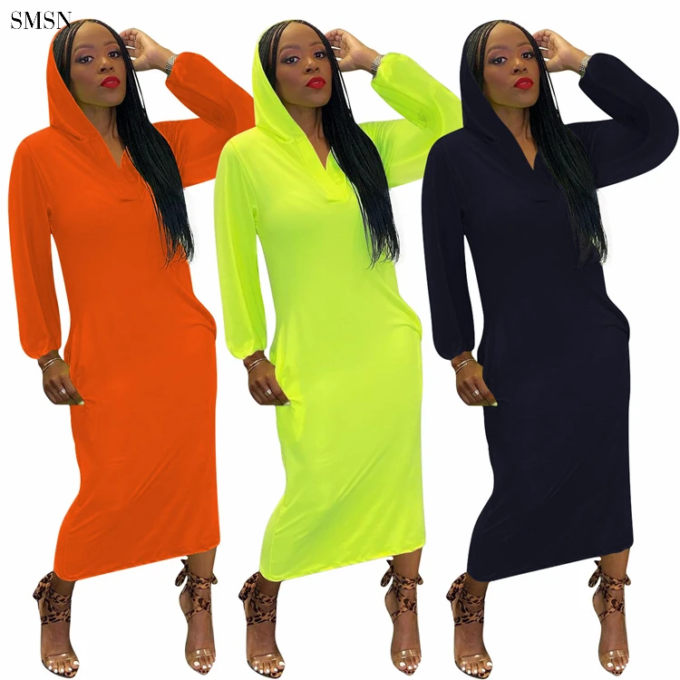 

SMSN QueenMoen Newest Design Fluorescent Color Long Sleeve Back Burnt Out Holes Dress Autumn Long Casual Hoodie Dress For Women