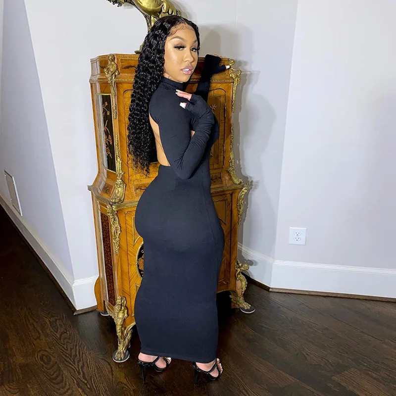

Hot Selling Fall Winter Women Long Sleeve Backless Hollow Out Long Maxi Dress