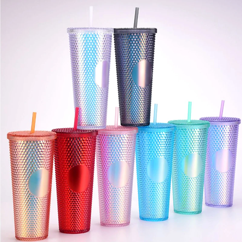

Wholesale Customize LOGO Double Wall Matte Grid Collection Cup Plastic Studded Tumbler With Straw