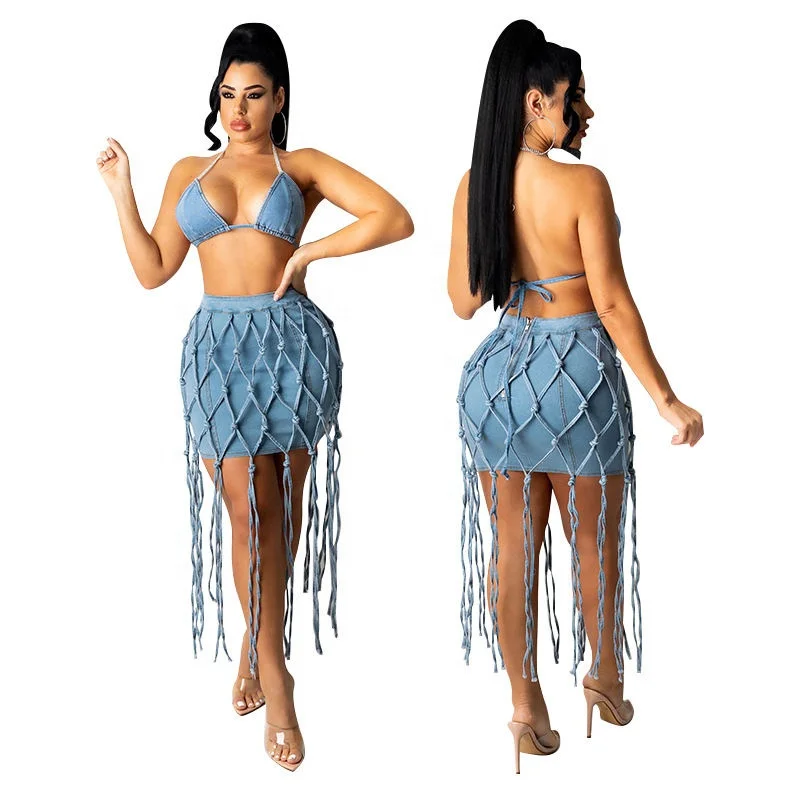 

The Latest Women Jeans Denim Two-piece Set Sexy Tassel Jean Skirt Women Denim Halter Crop Top Tassel Skirt Sets For Women