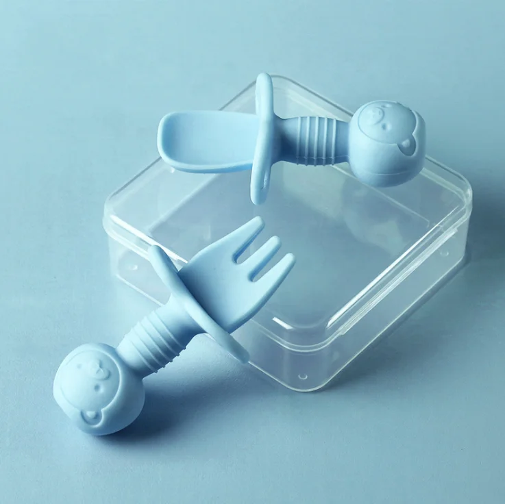 

2021 Factory Customized Hot Sale Food Grade Silicone Baby Silicone Cute Spoon And Fork Set for Baby, Pink blue brown