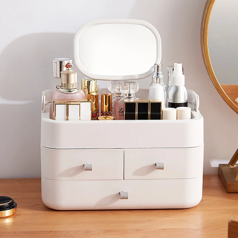 

Vanity Countertop Drawer Make Up Makeup Organizer Beauty Skin Care Bin Travel Portable Cosmetic Storage Box with Mirror