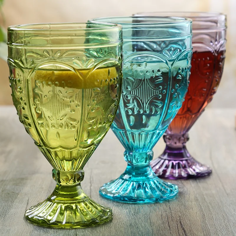 

European Retro Style flower Embossed Relief Red Wine Goblet Drinking Cup Glassware Stem, Multicolor