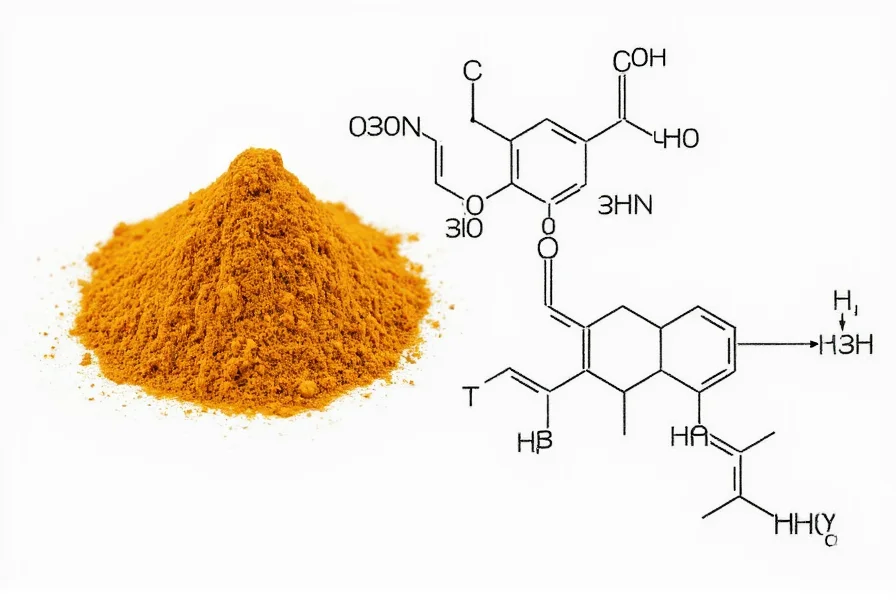 Molecular structure of curcumin showing its chemical composition and relationship to turmeric root