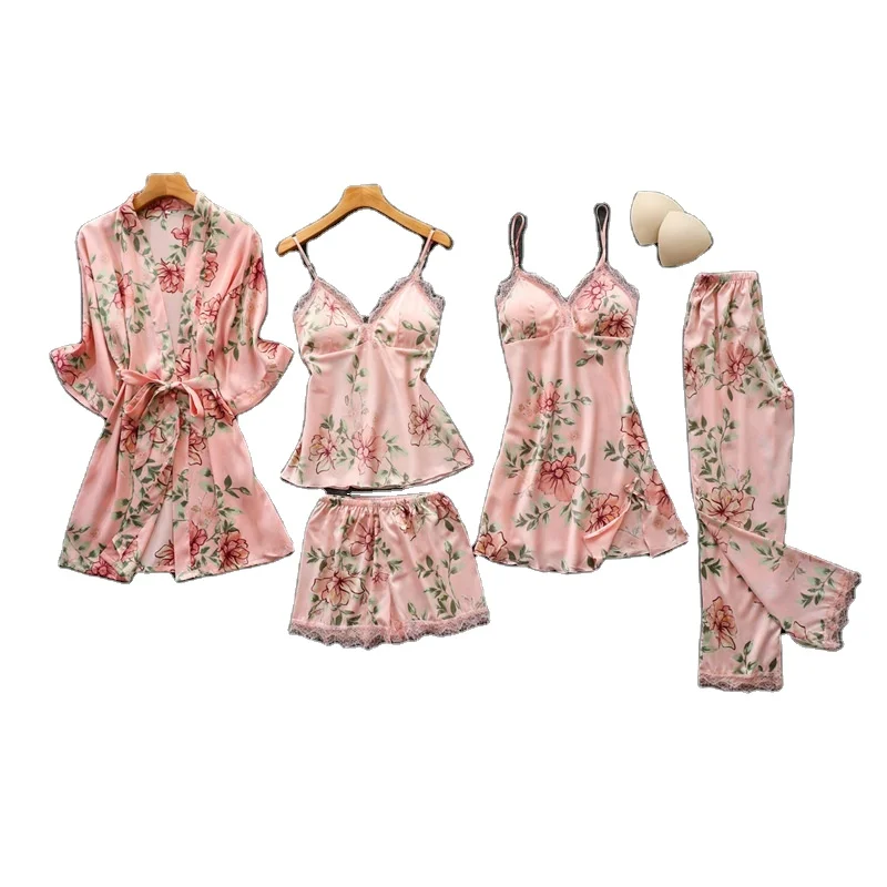 

Factory Supply Custom Floral Pajamas Set Five Pieces Satin Homewear for Women