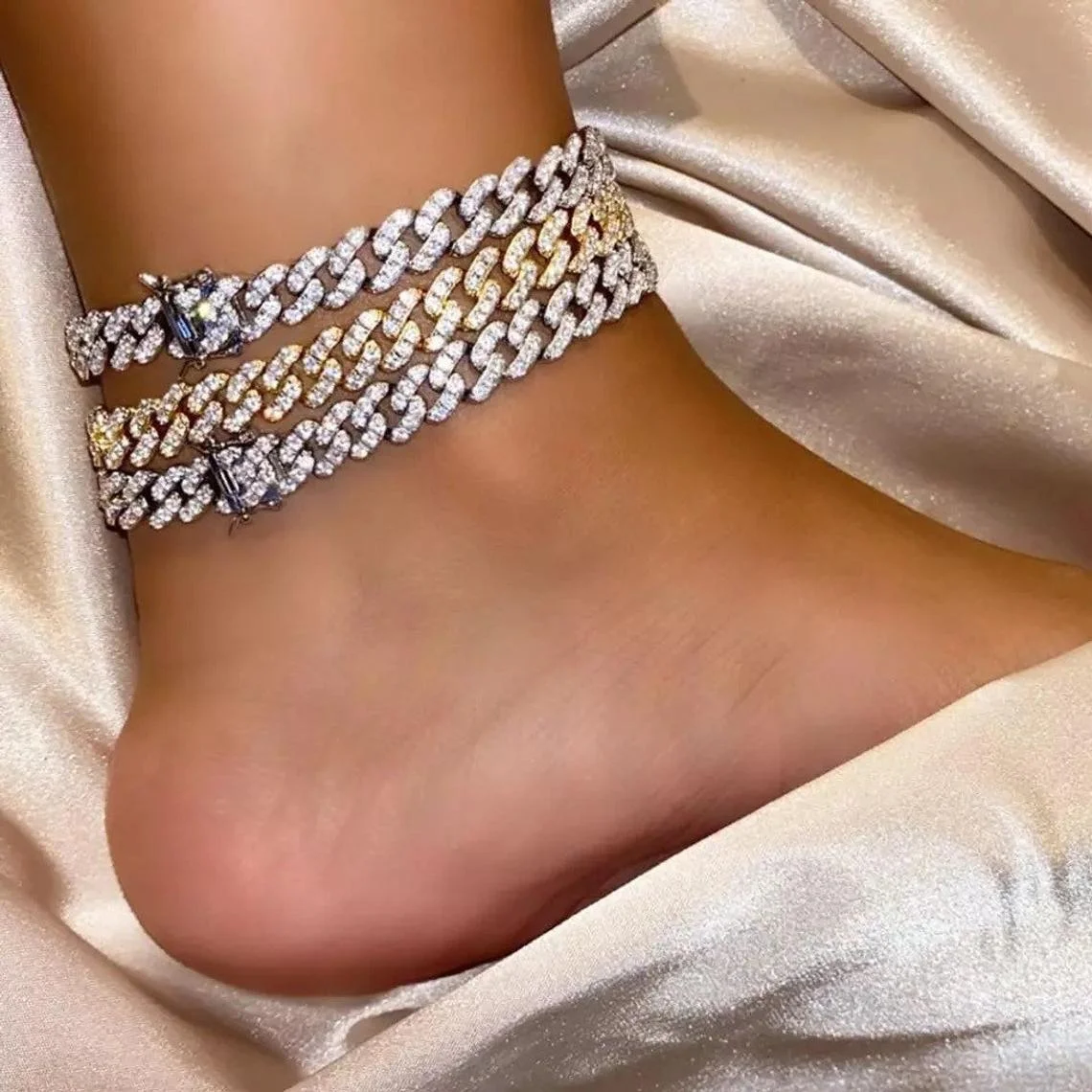 

New Arrived Statement Hip Hops Foot Jewelry Tennis Chain Ankle Bracelet Silver Tone Cuban Link Chain Barefoot Anklet For Men