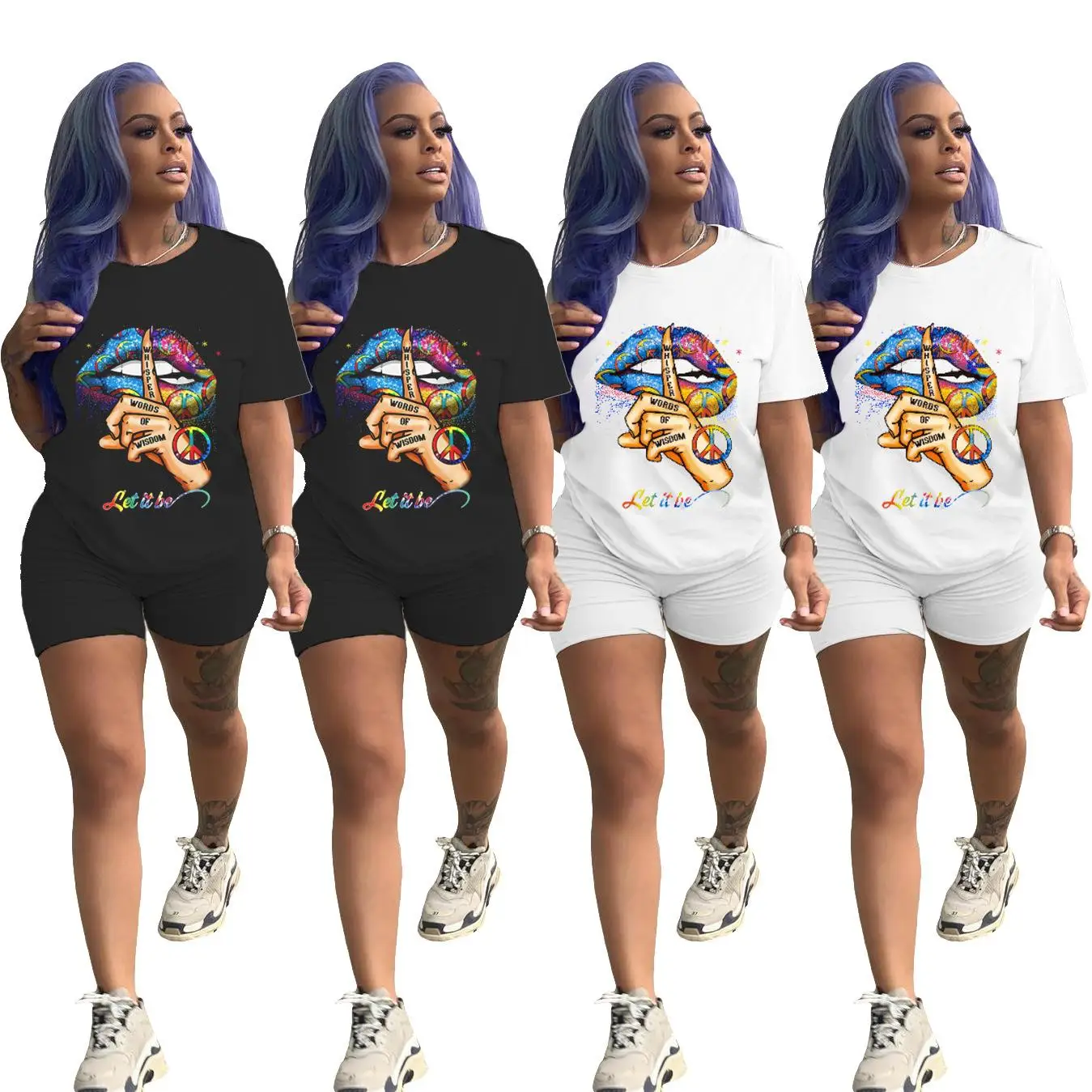 

Fashion women's clothing wholesale ladies printed casual two-piece sets shorts plus size streetwear T-shirt, As picture/customized colors