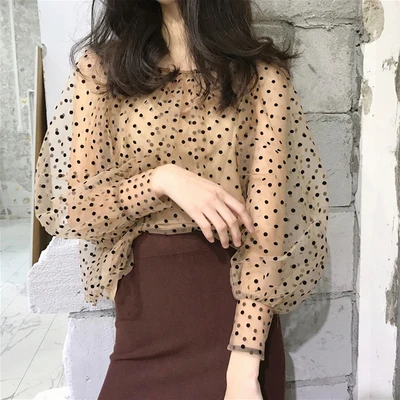 

2021 Latest Design Women Korean Fashion Wave Point Loose Blouse Shirt Tops