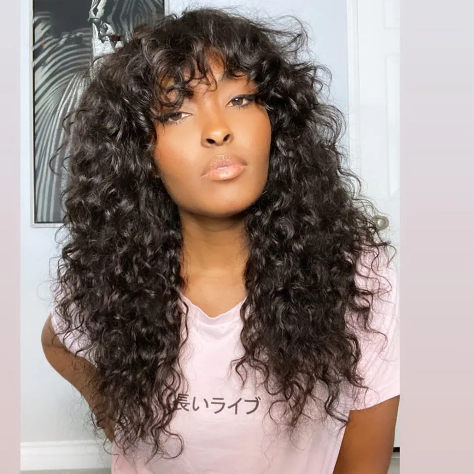 

12a Virgin Hair Super Double Drawn Raw Curly Wig Fringe Short Curly Human Hair Wig With Bangs For Black Women