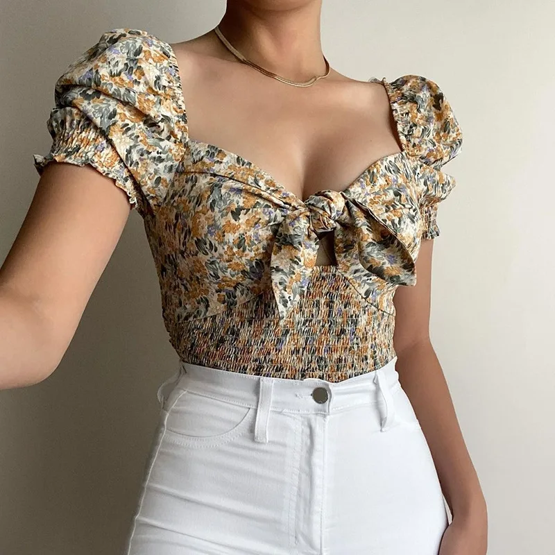 

2021 Summer Amazon Hot Women's Floral V-neck Bowknot Puff Sleeve Short T-shirt Top