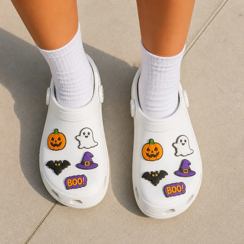 Worn pair of white clogs with Halloween pumpkin, ghost, bat, witch hat and word badge charms over white socks