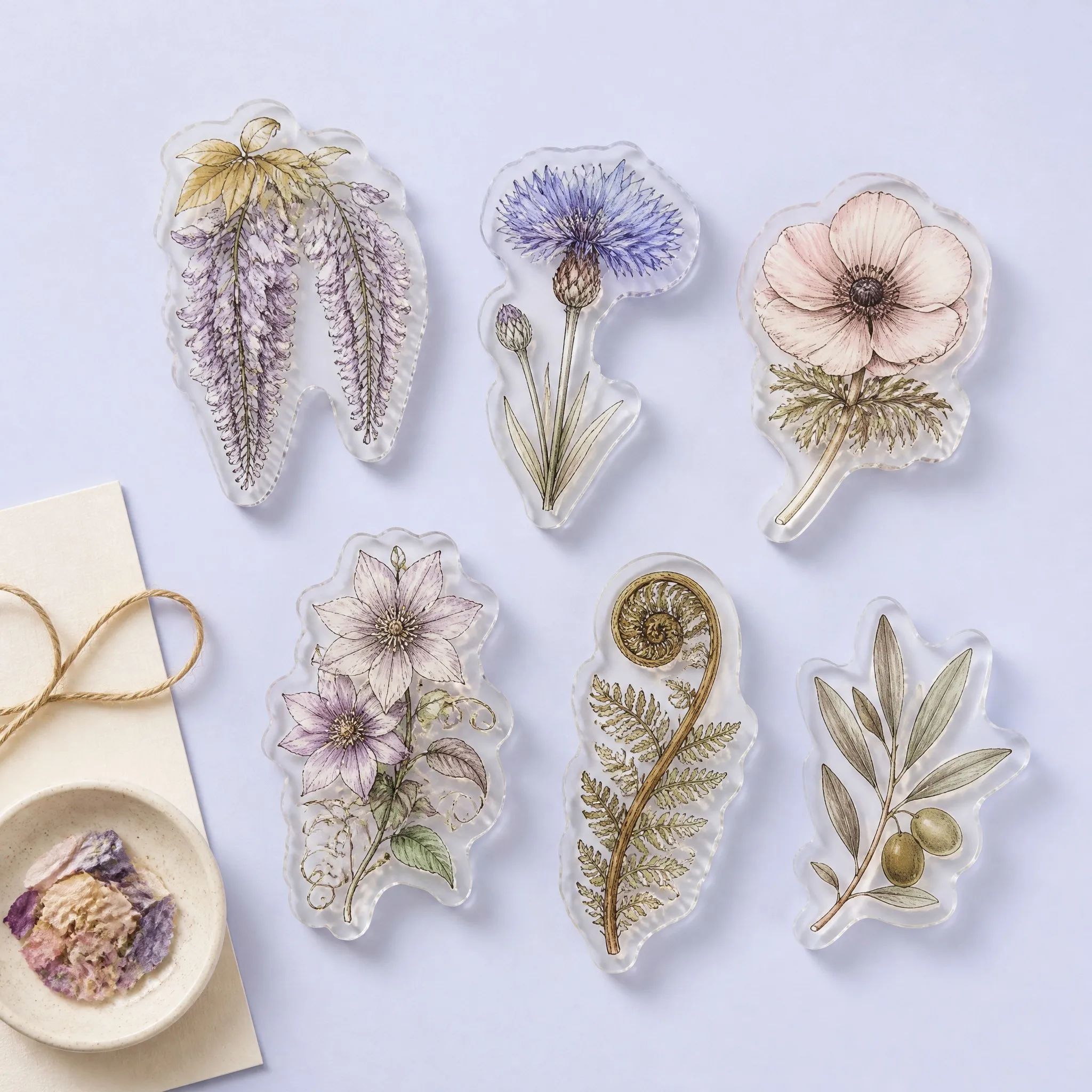 6 Pressed Flower and Garden Botanical Acrylic Grips: Wisteria, Cornflower, Anemone, Clematis, Fern Frond, Olive Branch