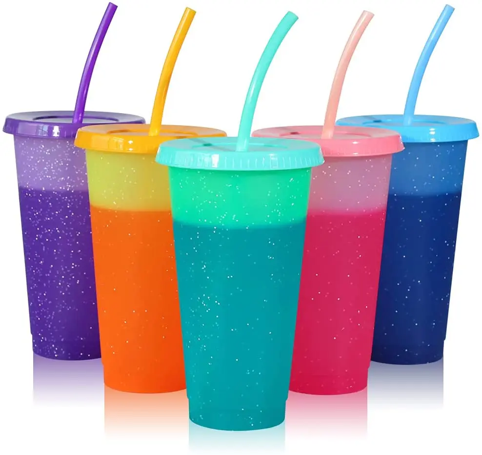 

5PCS/Set 16oz BPA FREE Plastic tumbler Color changing cup with straw, White, blue, green, pink, teal,orange