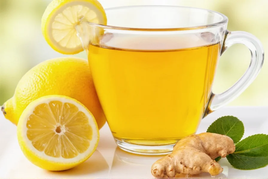 Glass mug of golden ginger lemon tea with fresh ginger slice and lemon wedge garnish