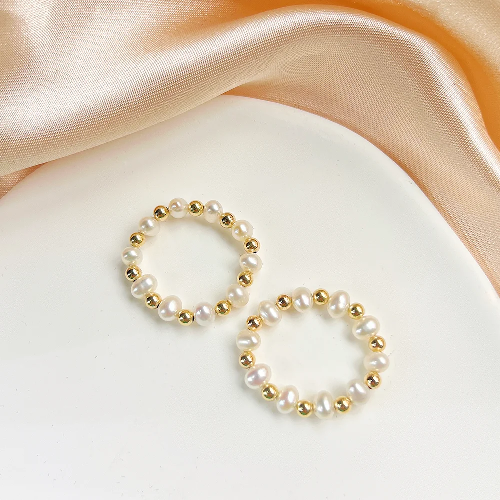 Vintage Stretchy  Freshwater Pearl And14K Gold Filled Spacer Bead Stacking Finger Ring for Women