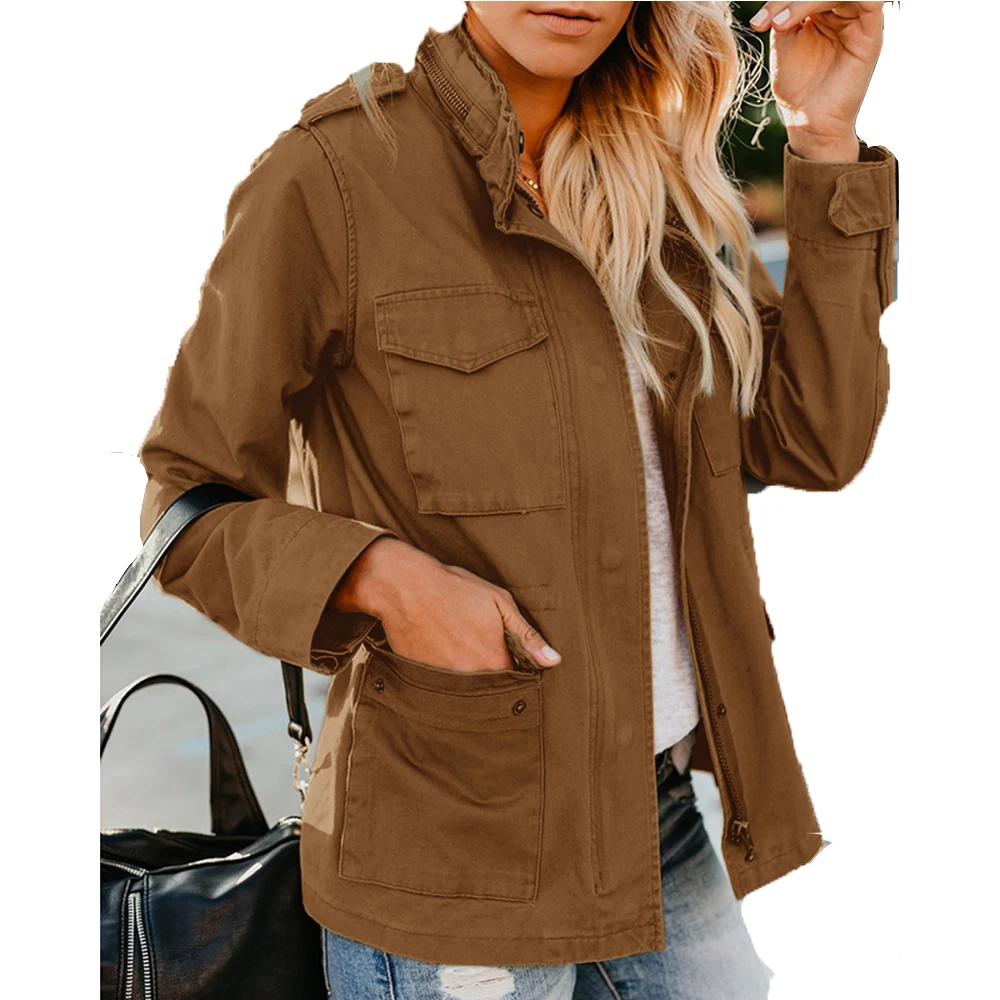 

Ladies Warm Tops Solid Color Long Sleeve Women Autumn Casual Warm Pockets Jacket Coat