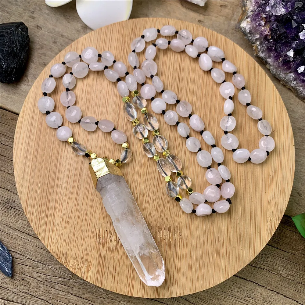 

LS-A234 Rose Quartz Crystal Chip Stone Beaded Necklace,White Quartz Pendant for Necklace,handmade Mala Beads necklace, As is