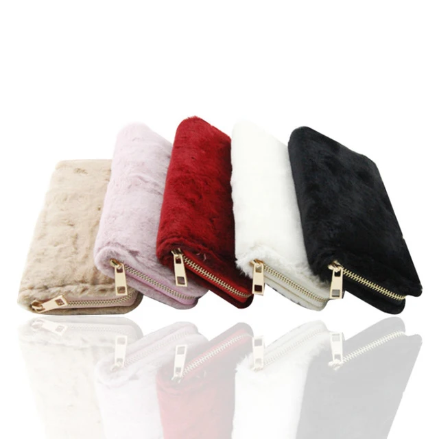 

promotional funky girls gold zip long slim passport card purse fluffy furry wallet