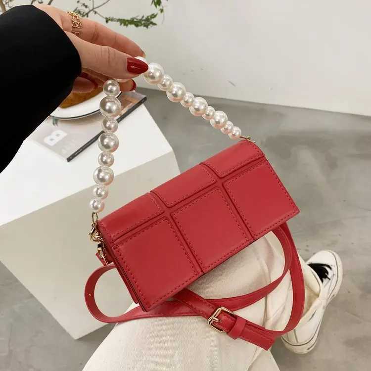 

Stylish Luxury Designer Checkered Crossbody Shoulder Bags Ladies Pearl Strap Women Small Purses and Handbags