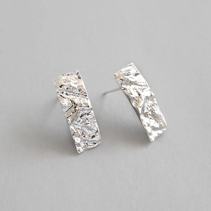 Wholesale 925 Sterling Silver Irregular Hammered Rectangle Shape Stud Earrings Fine Jewelry Gifts