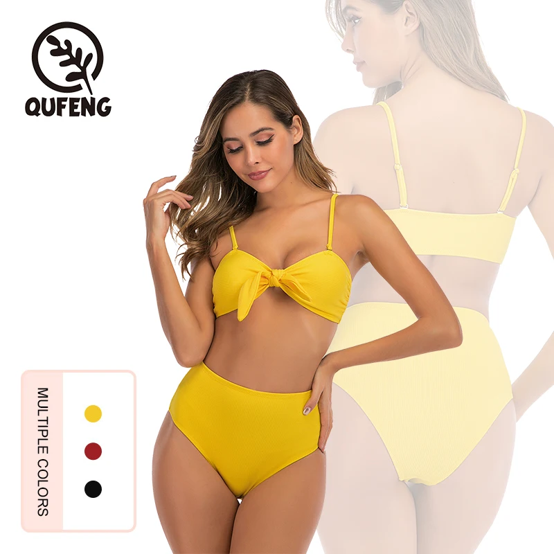 

New Design Custom logo Sex cute string thong teenager yellow High waist bikini set woman swimwear with coverup, Can be custom