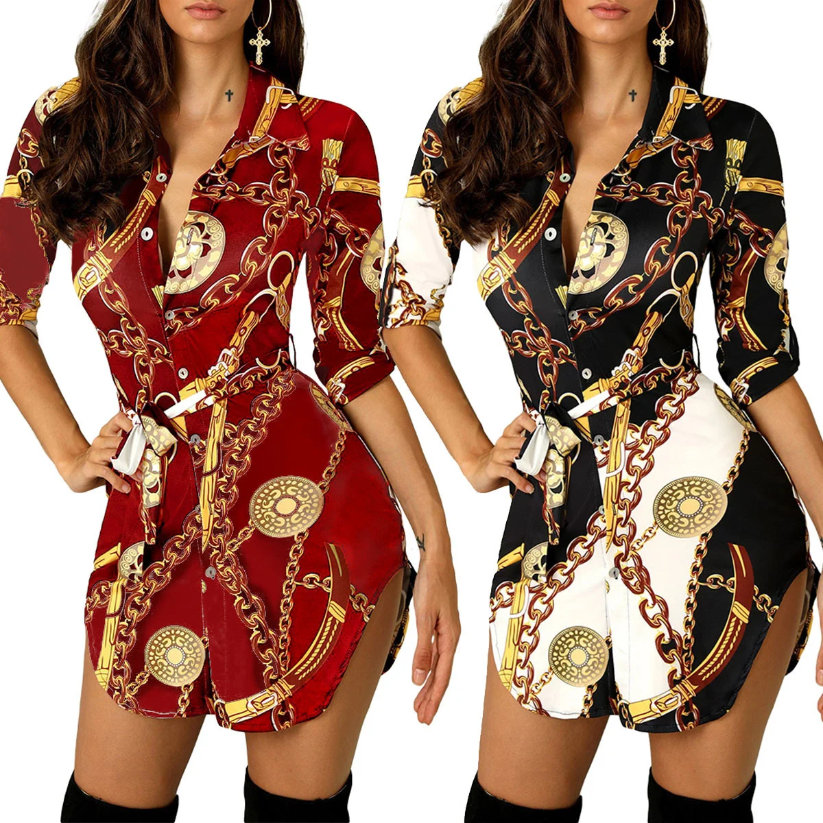 

2021 Arrival Casual Woman Clothing Gold Chains Print Sleeve Short Dress