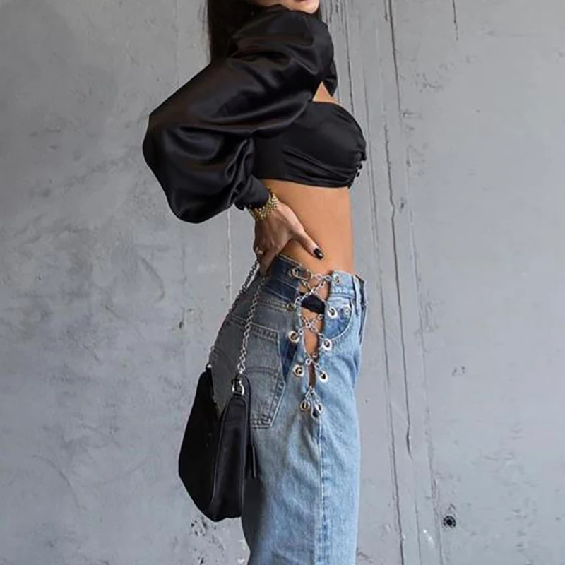 

Stacked Asymmetrical Side Slit Chain Latest Design Ladies Jeans Pants, Customized